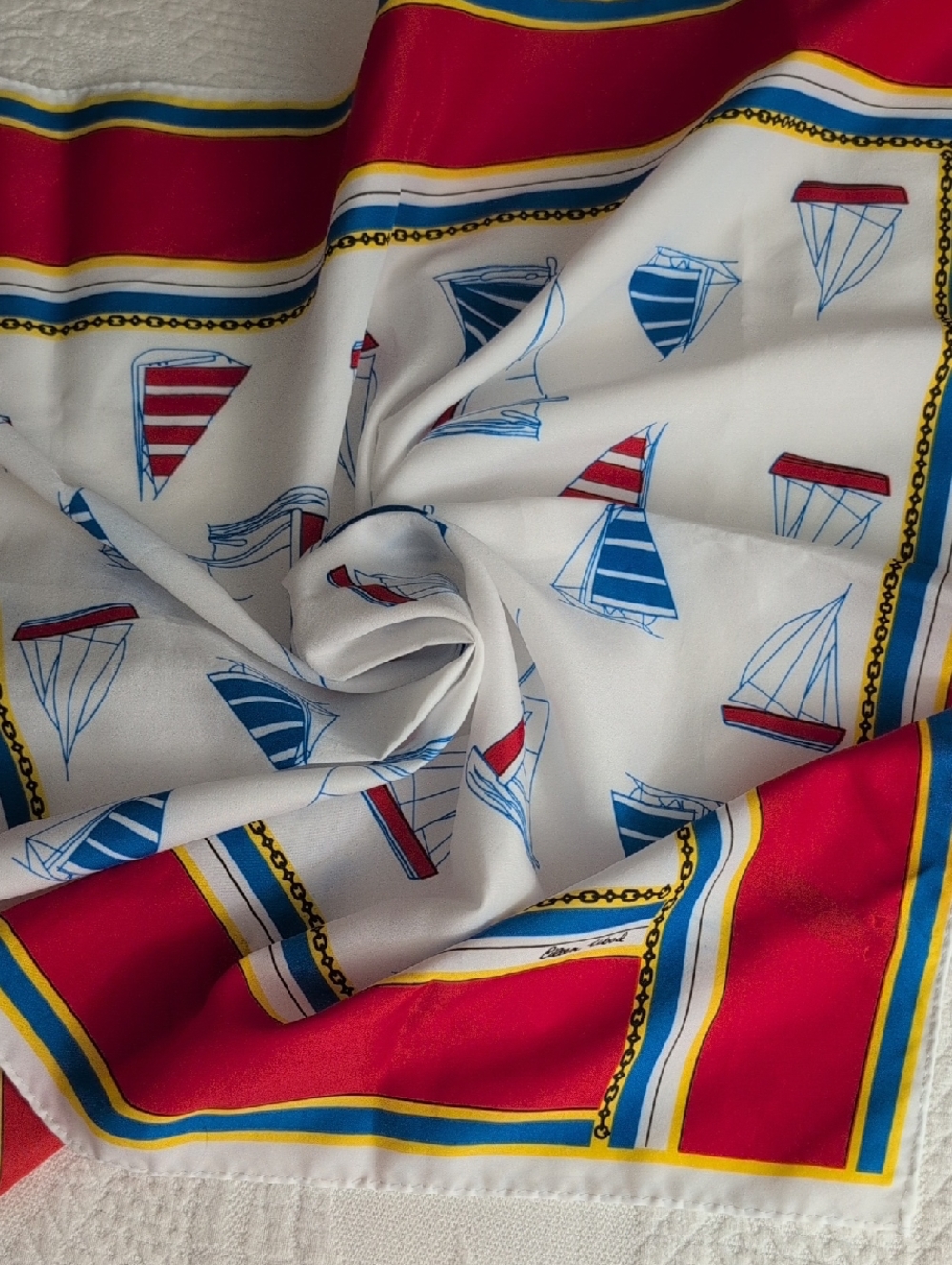 Eileen Wood Nautical Boat Print Vintage Scarf in White, Blue & Red